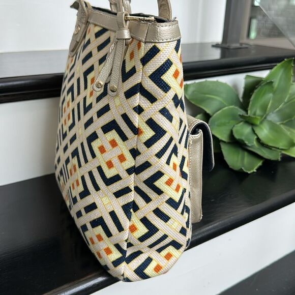 Spartina 449 genuine leather linen handbag tote shoulder purse, like new - Picture 4 of 11